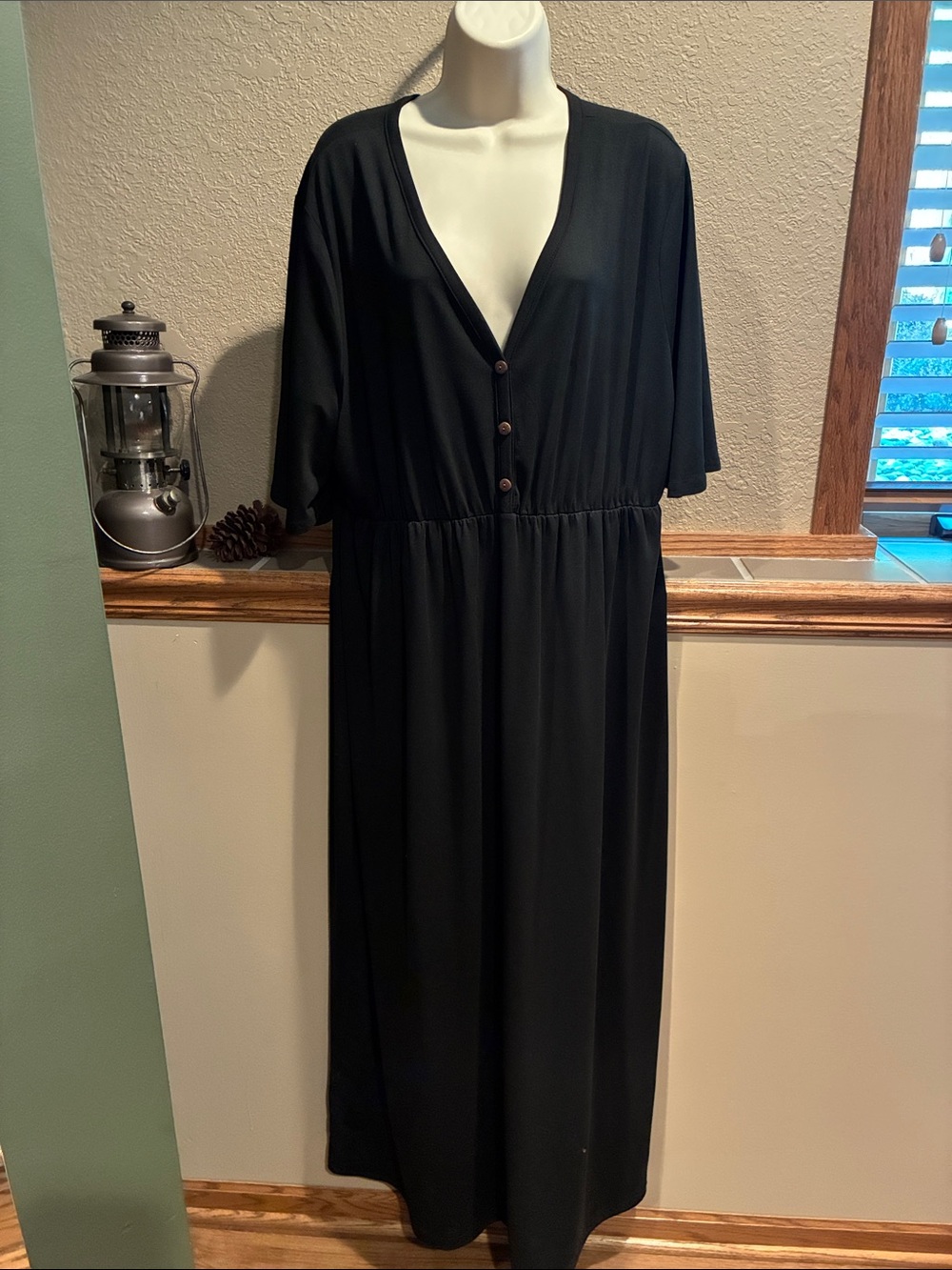 Flowing Black V-Neck Maxi Dress with Button Front